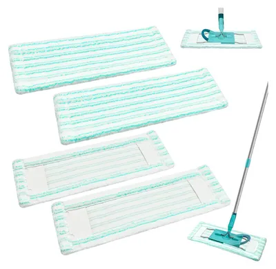 A collage of microfiber mop covers and a mop head with a handle.