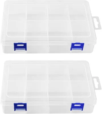 Imagen del producto de Caja organizadora de plástico con 8 compartimentos: Transparente, ideal para joyería. Compartimentos extraíbles. Ligera y duradera. Perfecta para piezas pequeñas. Caja de plástico