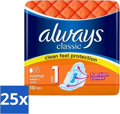 Produktbild von Always Classic – Damenbinden – Normal mit Flügeln – 10 Damenbinden - Vorteilspack - 25 Stücke