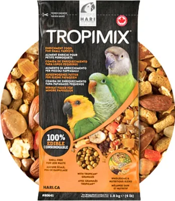 A bag of bird food with images of parrots and ingredients.