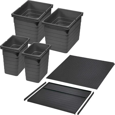 Produktbild von Ninka Abfalltrennsystem eins2vier KB 600 mm, Seitenstärke 16 mm Höhe 310 mm 2x 8L, 2x 17L, 1x 60er Bodenplatte, 1x 60er Deckelplatte, 2x Führungsleiste dunkelgrau für Blum Tandembox von SOTECH