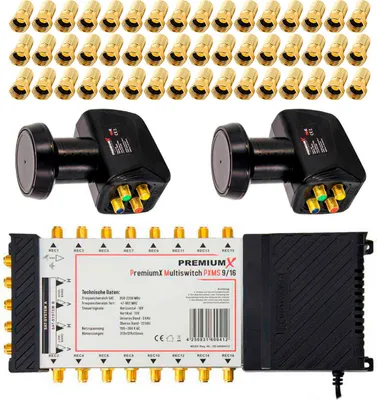 Produktbild von PremiumX Multischalter Set 9/16 Multiswitch SAT 2x Quattro LNB 48x F-Stecker