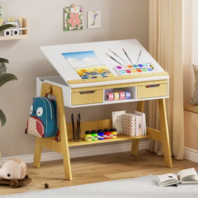 Produktbild von Kinderschreibtisch Höhen und Neigungsverstellbar, mit 2 Schubladen,1 Ablagefach,1 Unteres Regal, Multifunktionaler Kinderlerntisch 75.3x63x95cm