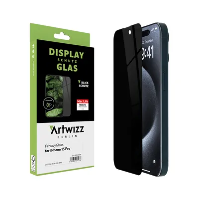 Produktbild von ARTWIZZ PrivacyGlass Schutzglas für iPhone 15 Pro - Displayschutz mit Blickschutz - Hüllenfreundlich