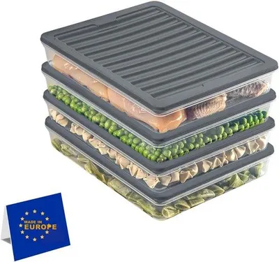 Obrázek produktu pro Sada stohovatelných nádob na skladování potravin - organizér do mrazáku a lednice s víkem, odolné proti mrazu až do -25°C, opakovaně použitelné boxy - 4x2400 ml, prázdné