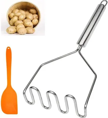 Productafbeelding van Unyqoos® roestvrijstalen keukenstamper – Stamper voor het pureren van aardappelen en groenten, met ergonomische handgreep, siliconen spatel, vaatwasmachinebestendig en met ophangoog
