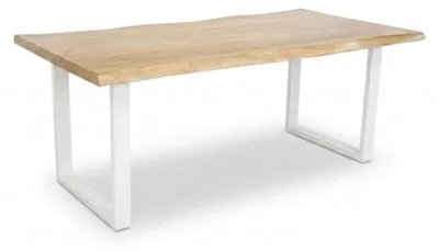 Produktbild von Baumkantentisch Cali 220 x 100 cm, Akazienholz massiv Eiche-Optik, 50 mm Tischplatte, Esstisch mit U-Metallgestell Weiß, Industrial-Design
