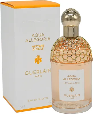 A bottle of Guerlain Aqua Allegoria Nettare Di Sole Eau de Toilette and its packaging are displayed against a white background.