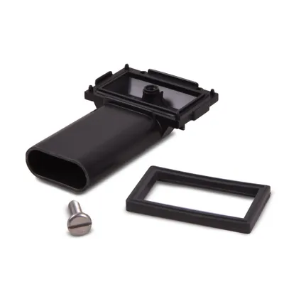 A black plumbing accessory set, including a pipe, a gasket, and a screw, is displayed against a white background.