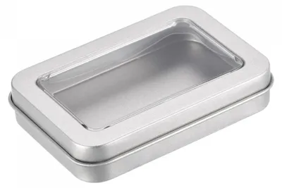 Productafbeelding van 8 kleine metalen doosjes met deksel en kijkvenster, 8,7 x 6 x 1,8 cm, zilverkleurig