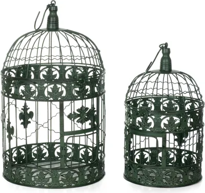 Zdjęcie produktu dla zestaw 2 metalowych klatek dla ptaków stare zielone vintage shabby chic wiszące dekoracje Ø25cm i Ø19cm nostalgiczne dekoracyjne klatki z ozdobami w stylu wiejskim klatka dekoracyjna antyczny wygląd