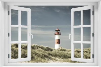 Produktbild von Wallario Poster mit Fenster-Illusion: Leuchtturm auf der Düne am Strand, Größe: 100 x 150 cm