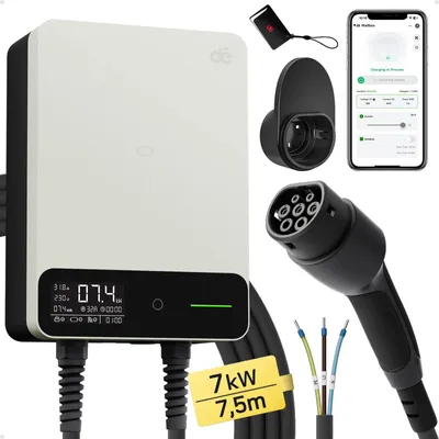 Produktbild von Elektroauto-Ladegerät - Wallbox - 7,4 kW - 7,5 m Kabel - Typ 2 - 32 A - 230 V einphasig - Weiß