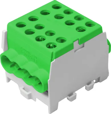 A product shot of a green and gray electrical connector block on a white background.