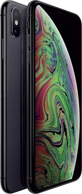 A dark gray iPhone XS Max is shown from a diagonal angle, with its screen displaying a colorful, abstract wallpaper.