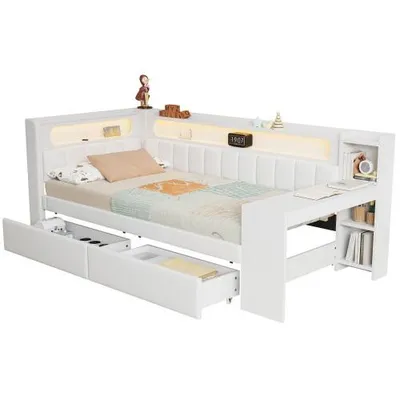 Immagine prodotto di AIORBER Daybed Letto giorno 90x200 imbottito con LED e USB, scrivania integrata, 2 cassetti, rete a doghe, bianco