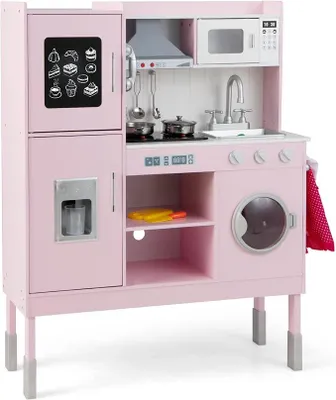 Produktbild von Kinderküche Holz, Spielküche mit Zubehör, Kinderspielküche mit Licht & Sound, Spielzeugküche mit Spüle Herd Ofen Mikrowelle Waschmaschine, für Kinder ab 3 Jahre (Rosa, Groß)