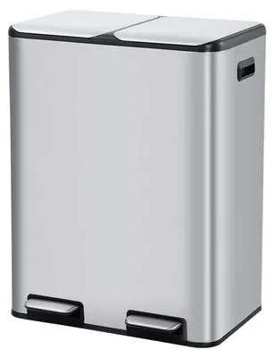 Obrázek produktu pro Odpadkový koš na třídění odpadu – koš s pedálem – 60 l – 2 přihrádky (2×30 l) – víko s tichým dovíráním – nepropouští pachy – nerezová ocel – stříbrná
