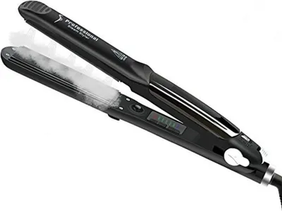 A black steam hair straightener is shown against a white background, with steam emanating from the plates.