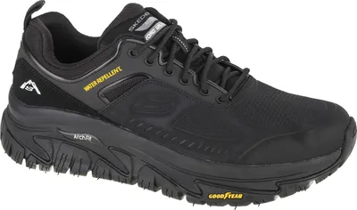 A black Skechers Arch Fit Road Walker shoe is shown from a side angle against a white background.