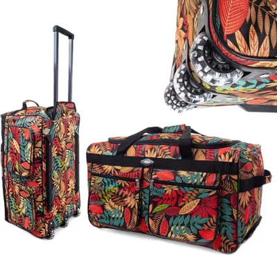 A collage of a rolling suitcase and a duffel bag, both featuring a tropical leaf print.