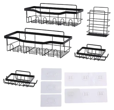 Image de Étagère murale de douche en acier au carbone, à fixation suspendue et à hauteur réglable, pour le rangement dans la salle de bains ou la cuisine (lot de 5)