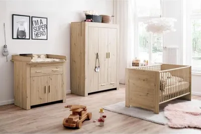 Produktbild von Babyzimmer Trio AHOI Chene, Bett 70 x 140 cm, Wickelkommode 85 x 75 cm, Kleiderschrank 3 Türen 130 x 185 x 54 cm