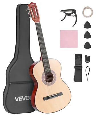 Obrázek produktu pro VEVOR klasická kytara, 960 mm, dřevěná klasická kytara pro začátečníky, s nylonovými strunami, taškou, popruhem, ladičkou, přídavnými strunami, bubínkem, kapodastrem, basové dřevo, pro začátečníky, příroda