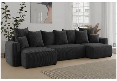 Produktbild von MEBLINI Schlafcouch mit Bettkasten - 312x142x73cm - Schwarz Cordstoff - DAVE - Ecksofa mit Schlaffunktion - Sofa mit Relaxfunktion und Kopfstützen - Couch U-Form - Eckcouch - Wohnlandschaft
