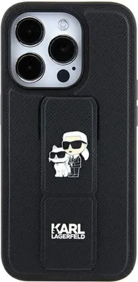 A black iPhone case with a Karl Lagerfeld and Choupette pin design and the Karl Lagerfeld logo.