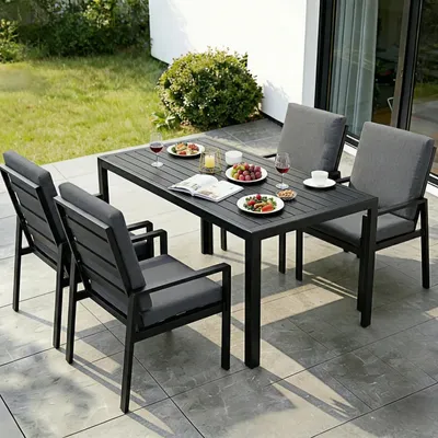 Produktbild von MeXo Gartenmöbel-Sets Essgruppe mit dicke Kissen & Großer Esstisch für 4 Personen, Outdoor Indoor, Balkon/Garten/Terrasse(Sitzgruppe, Aluminiumrahmen)