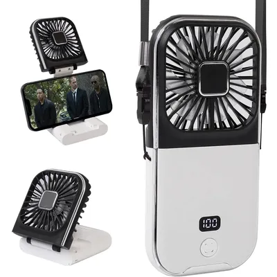Collage of a portable fan with different usage scenarios.