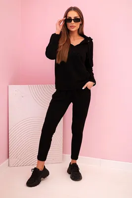 Produktbild von Damen Baumwoll-Sweatshirt-Set mit Kapuze und Aufdruck, Schwarz