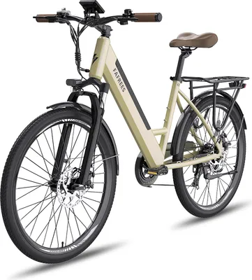 A studio shot of a gold electric bicycle against a white background.