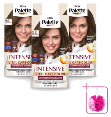 Produktbild von 3 x Poly Palette Vital Care Haarfarbe - 6-0 Lichtbraun - 115 ml - Sparpackung - 3 Stücke