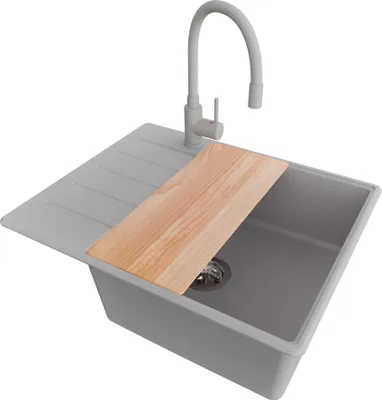 Produktbild von PRIMAGRAN Granitspüle Grau 62x50cm, Spülbecken 1 Becken + Küchenarmatur 38x14cm + Ablauf-Set + Schneidebrett, Küchenspüle ab 50er Unterschrank - Kopenhagen