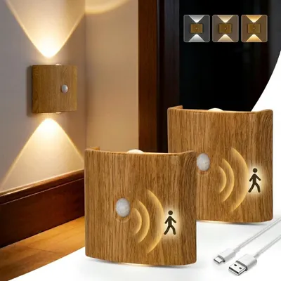 Produktbild von 2er Set LED Wandleuchte mit Bewegungsmelder Innen Akku 1200mAh Nachtlicht Kabellos Holzoptik Ohne Bohren Wandlampe USB-C Wiederaufladbar Treppenlicht Flurleuchte Schranklicht