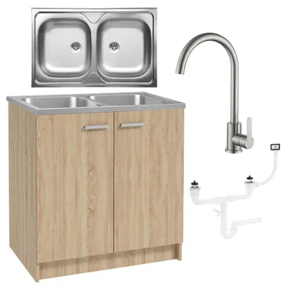 Image de Stamar | Armoire de cuisine, avec évier, 80 cm, chêne Sonoma, avec robinetterie