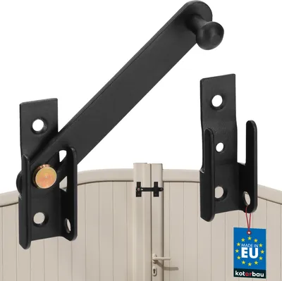 A black metal gate latch and catch are shown mounted on a beige gate.