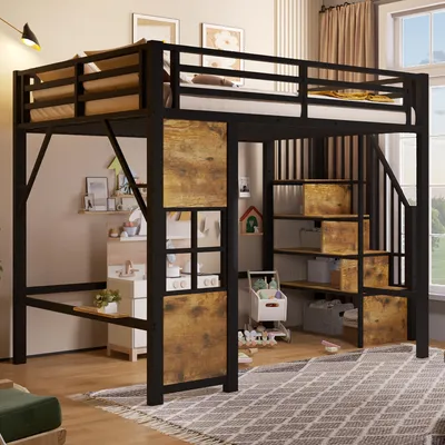 Image de Lit superposé Flieks 140x200 cm avec escalier de rangement, lit superposé avec étagère, lit pour enfant en métal avec barrière de sécurité et sommier à lattes, lit pour adolescent noir