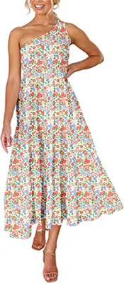 Produktbild von ASKSA Damen Kleider Sommer Böhmische Maxikleider Shoulder Ärmelloses Kleid Blumenkleid Rüschen Langekleider, Rot, XL