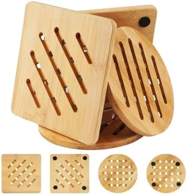 Produktbild von PromoHome® Set von 4 Bambus-Untersetzern – Hitzebeständig, Rutschfest, Umweltfreundlich – Rund und Eckig für Küche, Tischschutz