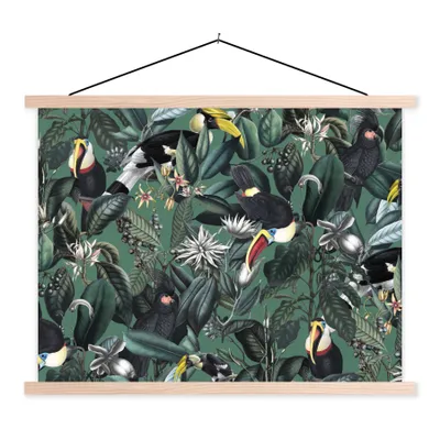 Produktbild von MuchoWow® Textilposter Blumen - Vogel - Collage 120x90 cm mit holzfarbenen Rahmen - Magnetisch