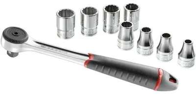 Immagine prodotto di Set di attrezzi per avvitatura 1/2, 9 pezzi FACOM - S.4JE9PB - Attacco da 8 a 19 mm - Cricchetto a 5° - 8 bussole a 12 lati