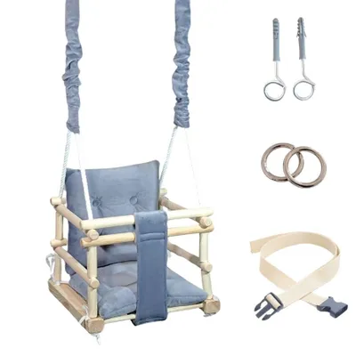 A baby swing set and its accessories are displayed against a white background.