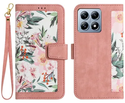 Immagine prodotto di Per Xiaomi 14T Custodia a portafoglio in Pelle finta Custodia per cellulare Custodia con motivo floreale Rosa