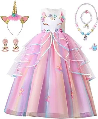 Produktbild von Prinzessinnenkleid für Mädchen – Einhornkostüm mit Haarreif und Halsketten – Perfekt für Weihnachten, Halloween, Karneval, Cosplay und Geburtstagsfeiern