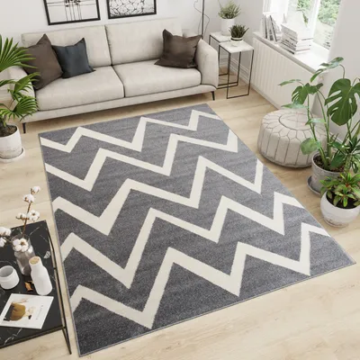 Produktbild von Teppich Wohnzimmer Schlafzimmer Kurzflor Modern Design Geometrisch Zick Zack Streifen Gestreift Grau Creme  140 x 190 cm