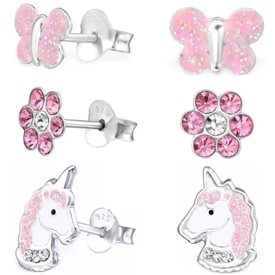 Kinder Ohrstecker-Set Einhorn Schmetterling Blume - Echtschmuck