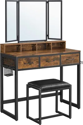 Produktbild von VASAGLE Schminktisch Schminktisch mit 3-teiligem Klappspiegel, Haartrocknerhalter, Schminktisch mit Polsterhocker, 3 Schubladen, vintage braun-schwarz